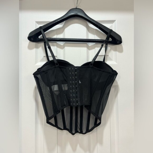 Black Corset Mesh Crop Top Bustier Bra Style Adjustable Straps Y2K Night Out - Picture 4 of 6